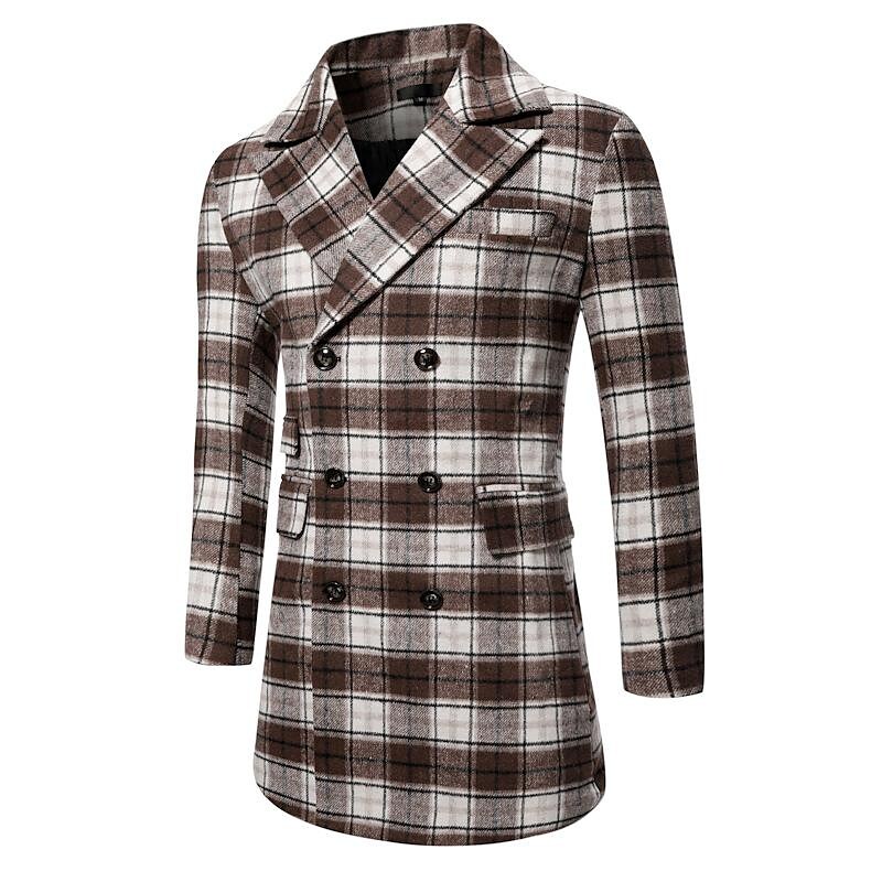 Men's Mid-Length Double-breasted Plaid Coat