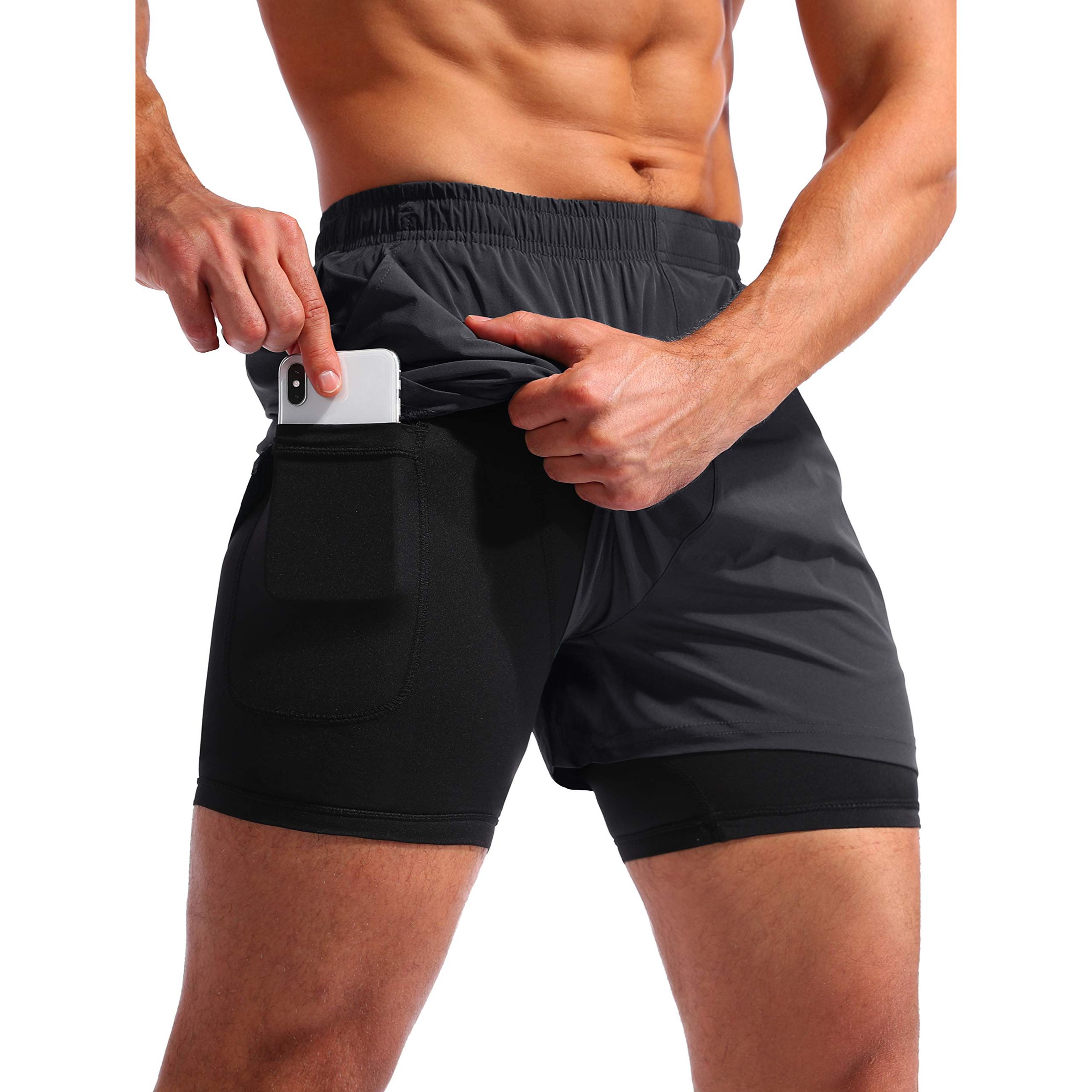 Men's 2 in 1 Quick Dry Gym Athletic Workout Shorts with Phone Pockets