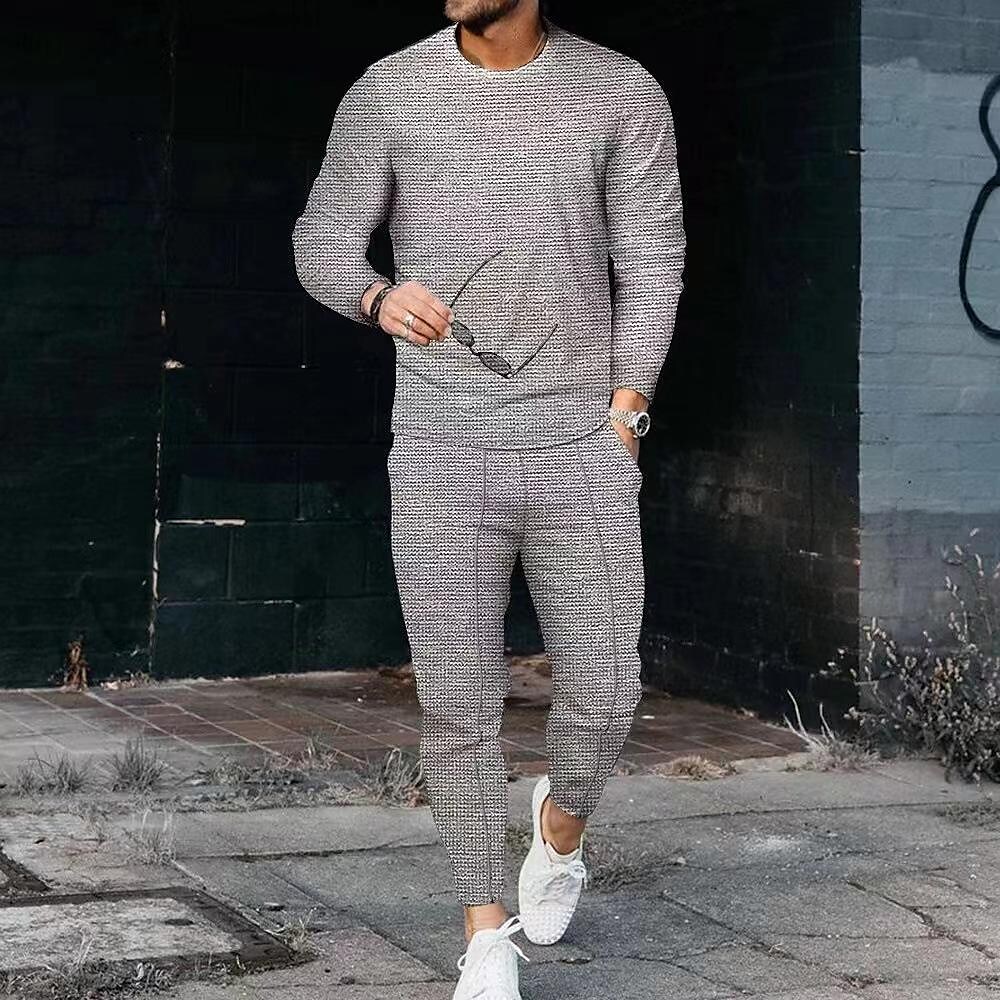 Men's Waffle Set Solid Color Crew Neck Casual Sports Zipper Long Sleeve Pants Sports Two-Piece Set
