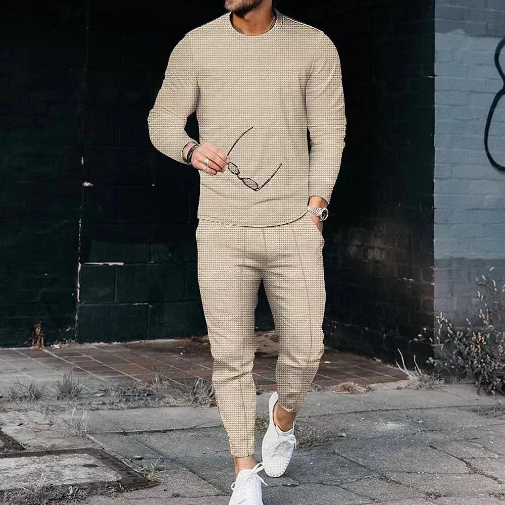 Men's Waffle Set Solid Color Crew Neck Casual Sports Zipper Long Sleeve Pants Sports Two-Piece Set