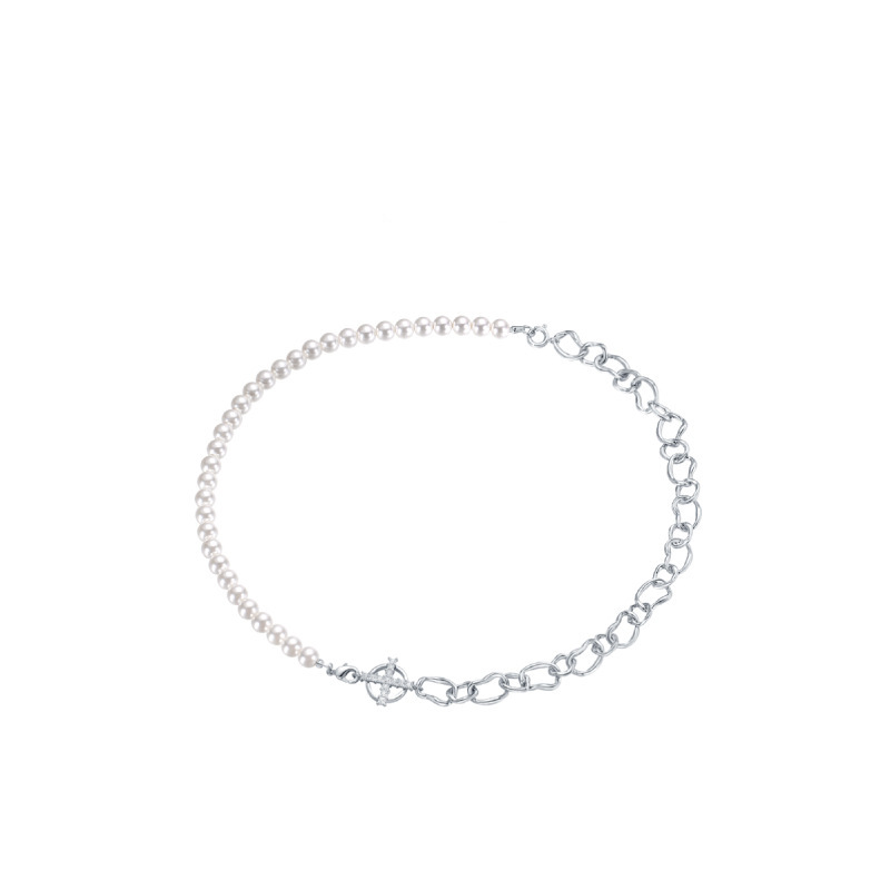 Asymmetric Cross Pendant Half Pearl Half Chain Necklace-BlingRunway