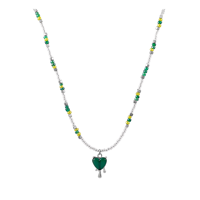 Colorblock Beaded Green Glass Melted Heart Pendant Necklace-BlingRunway