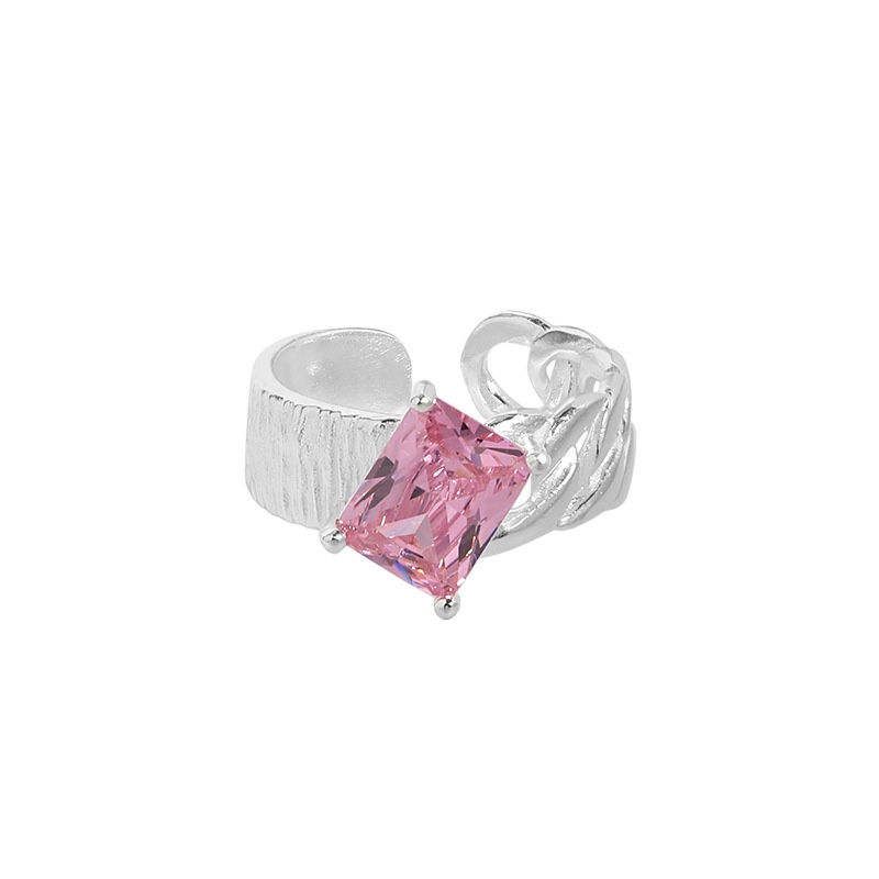 Bling Runway Sterling silver inlaid pink Zircon ring asymmetric chain stitching zircon ring-BlingRunway