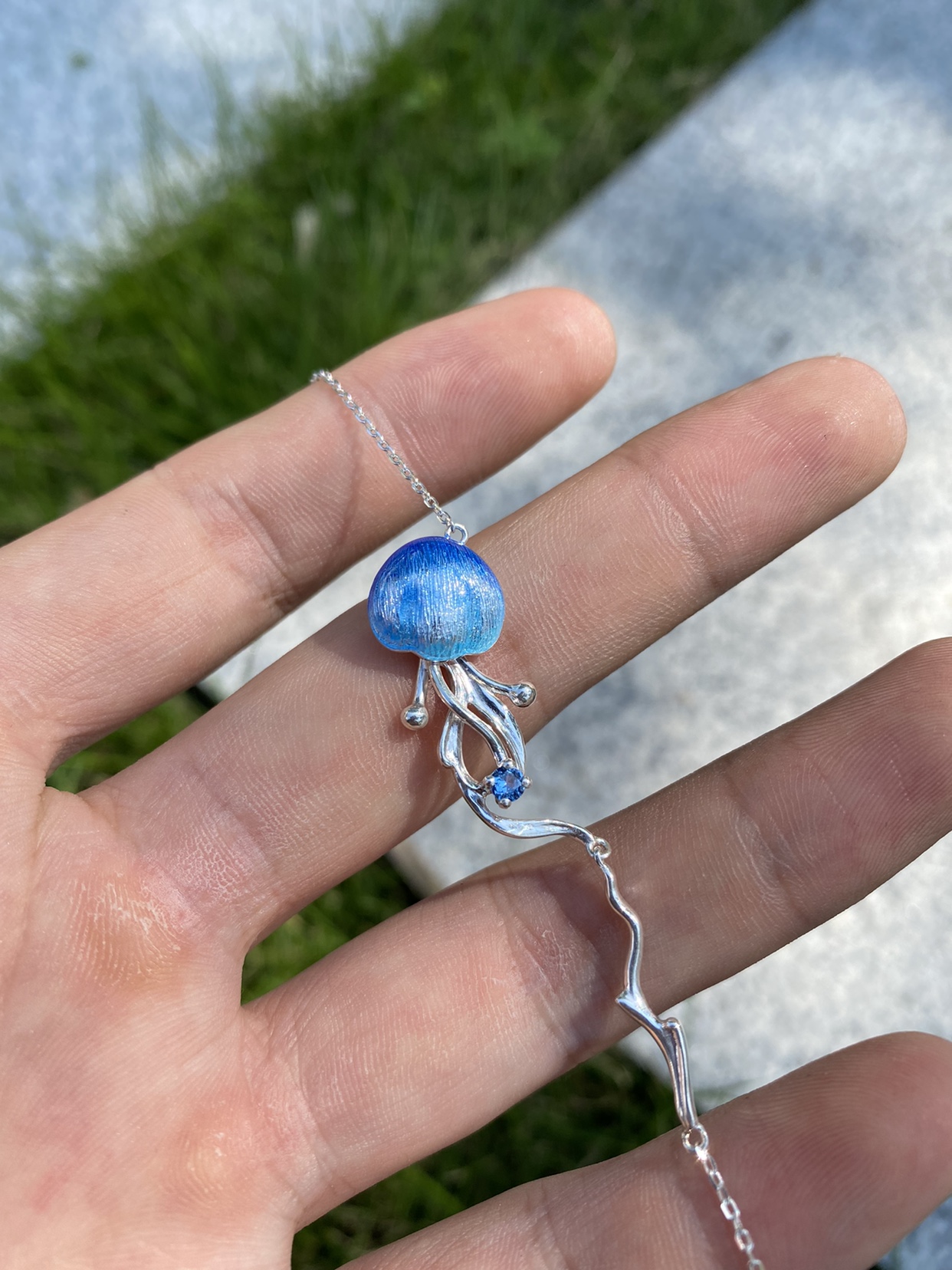 Starry Sky Enamel Jellyfish S999 Sterling Silver Necklace-BlingRunway