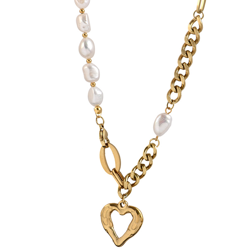 Cutout Heart Pendant Baroque Half Pearl Half Chain Necklace-BilngRunway