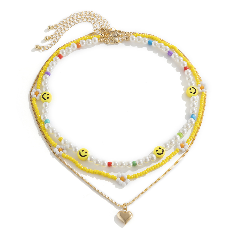 Bling Runway Summer style colorful beaded smiley flower heart layered necklace set