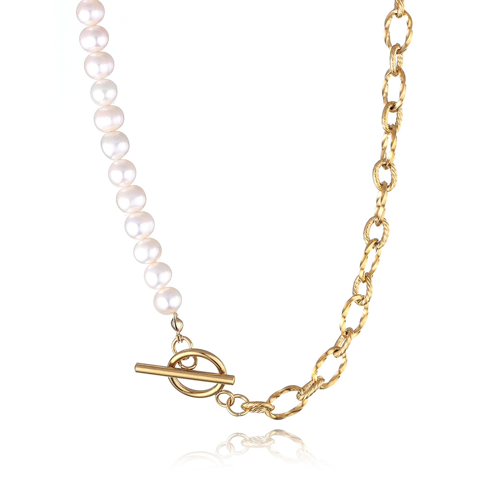 Classic Freshwater Pearl OT Buckle Half Pearl Half Chain Necklace