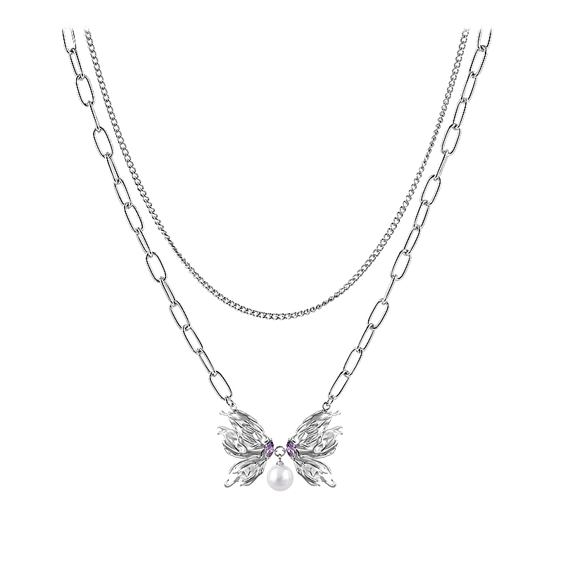 Purple Zircon Layered Butterfly Necklace-BilngRunway