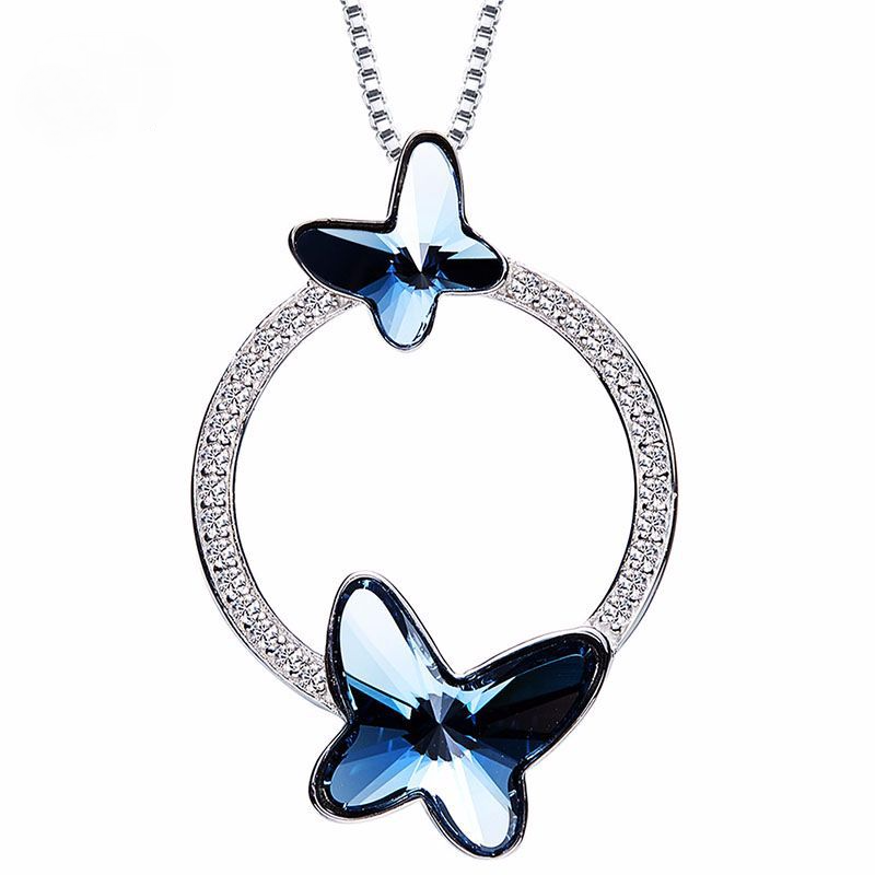 Sterling Silver Crystal Blue Butterfly Necklace-BlingRunway