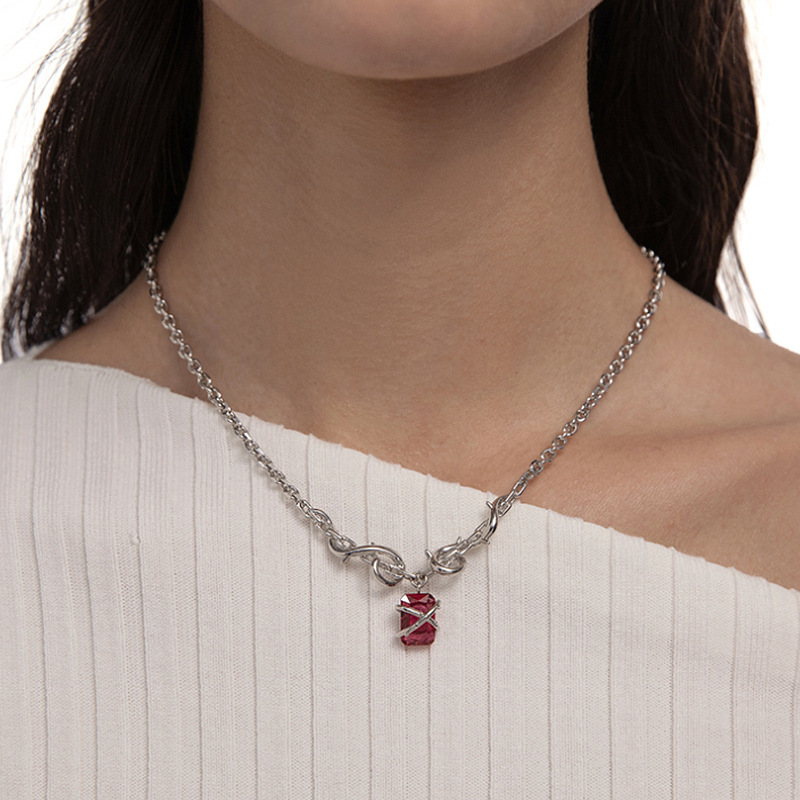 Bling Runway Asymmetrical necklace with red zircon thorn design pendant-BilngRunway