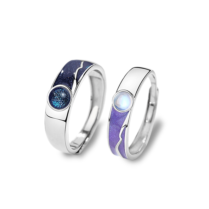 Stars and Galaxy S925 Sterling Silver Couple Rings-BilngRunway