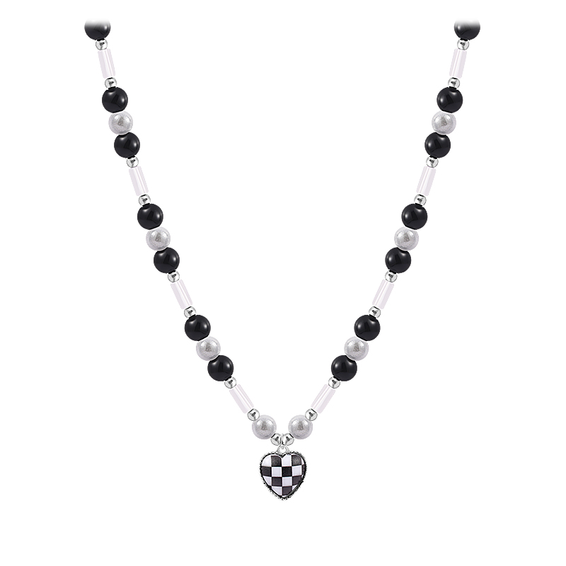 Reflective Pearl Black and White Checked Heart Pendant Necklace-BilngRunway