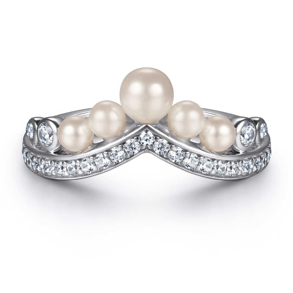 Bling Runway New crown shape drop shape pearl with zircon handmade  silver combination ring-BlingRunway