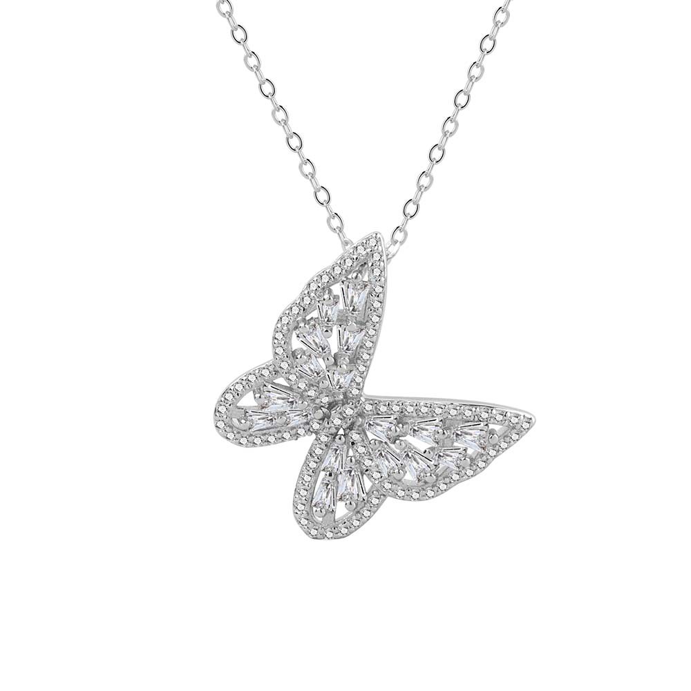 Classic S925 Sterling Silver Butterfly Necklace with Diamonds-BilngRunway