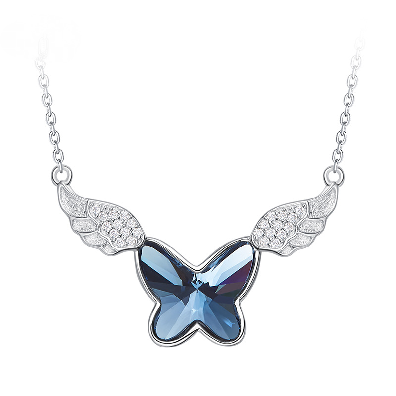 Angel Wings Sterling Silver Blue Crystal Butterfly Necklace-BilngRunway