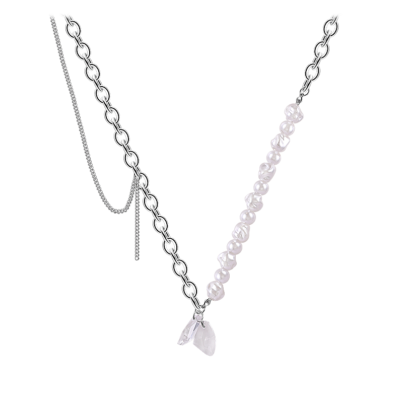 Fishtail Crystal Pendant Half Pearl Half Chain Necklace-BlingRunway