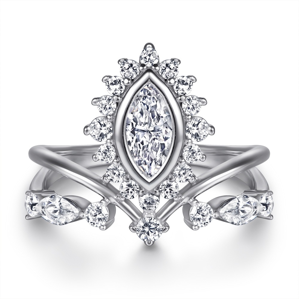 Bling Runway Crown inlaid olive-shaped zircon exaggerated handmade  silver ring-BlingRunway
