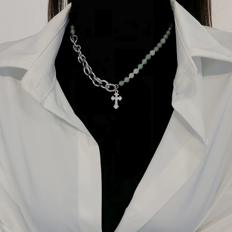 Cross Green Round Bead Splicing Half Bead Half Chain Necklace-BlingRunway