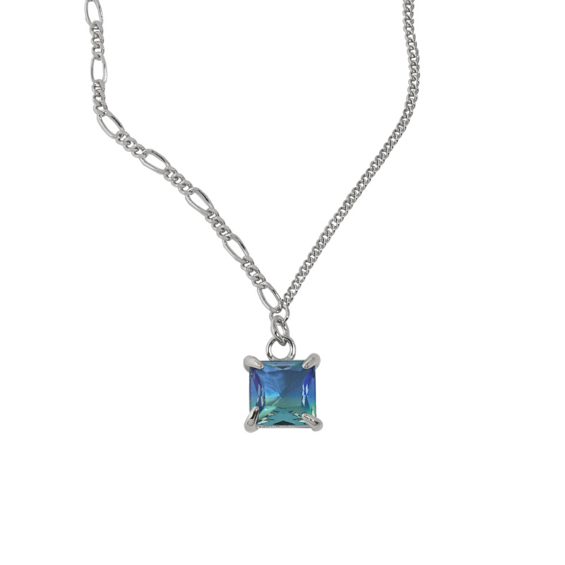 Blue Four Claw Square Pendant S925 Sterling Silver Necklace-BlingRunway