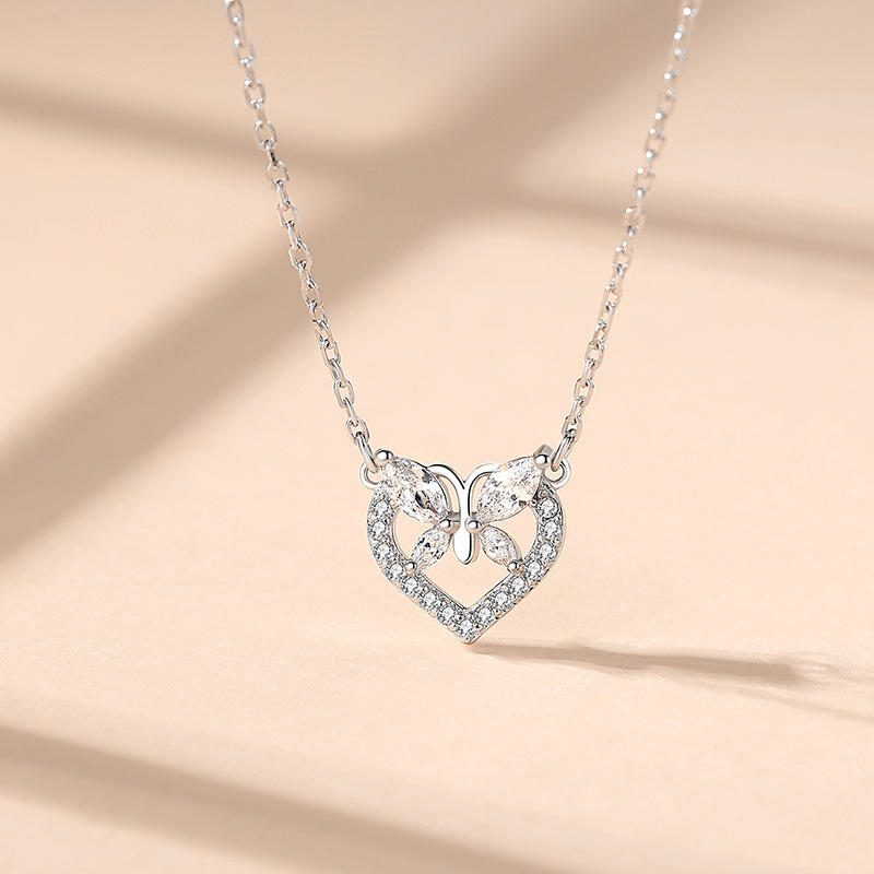 925 Sterling Silver Gold Heart Butterfly Necklace-BlingRunway