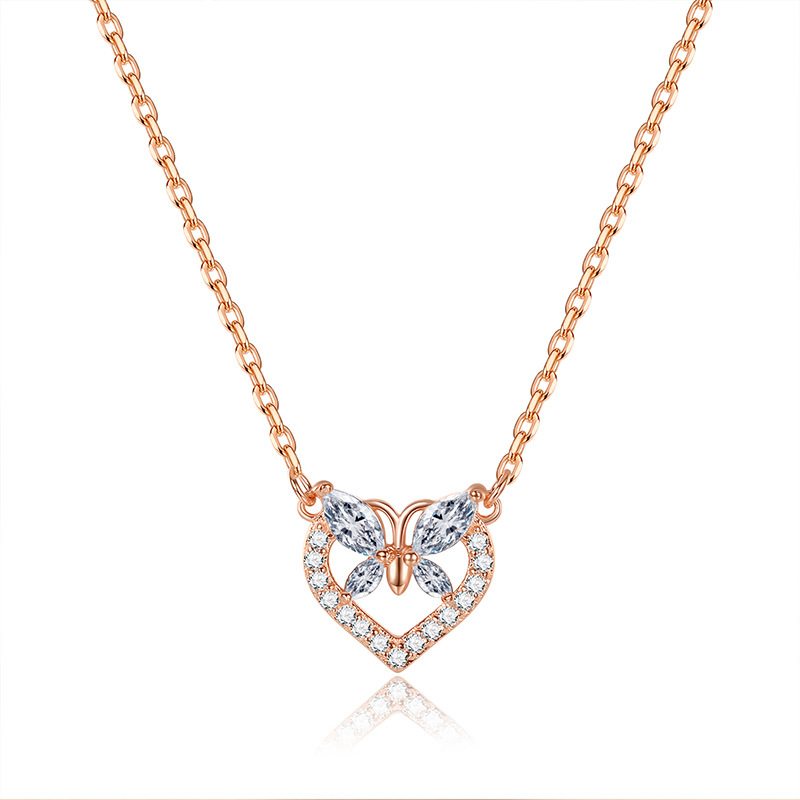 925 Sterling Silver Gold Heart Butterfly Necklace-BilngRunway