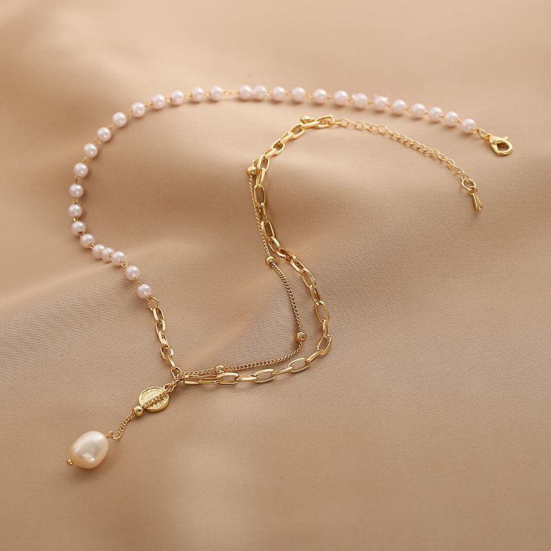 Freshwater Pearl Coin Pendant Layered Half Pearl Half Chain Necklace