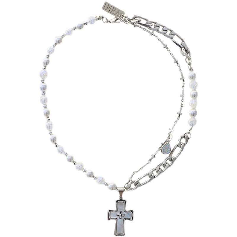 Oversized Cross Pendant Half Pearl Half Chain Necklace-BilngRunway