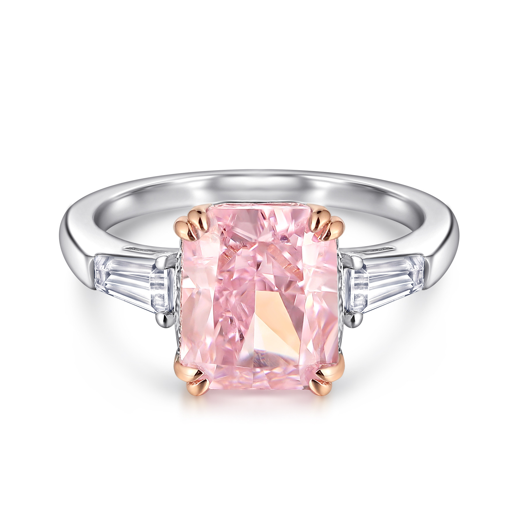 Bling Runway Light luxury princess cut craft pink high carbon zircon S925 silver diamond ring
