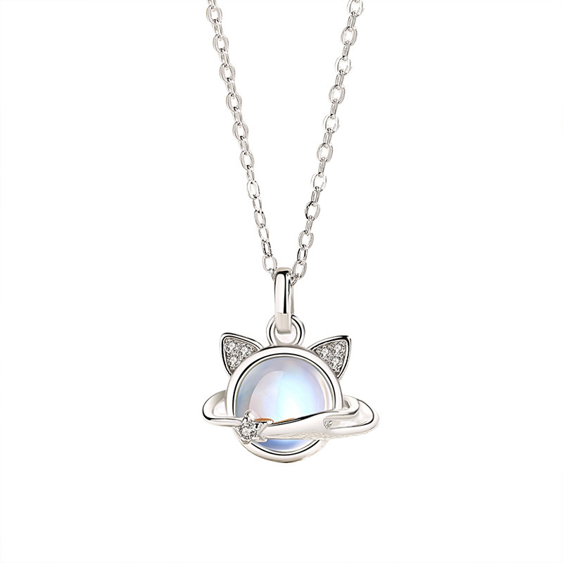 Cosmic Planet Cat Moonstone Sterling Silver Necklace-BilngRunway