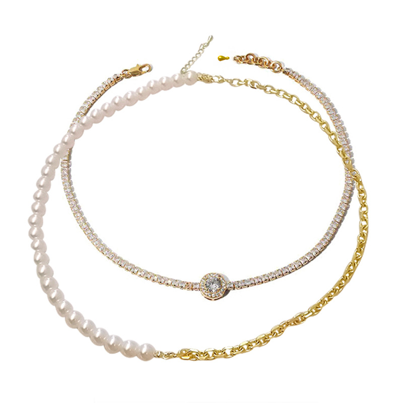 Bling Runway Double layered half-pearl half-chain zircon necklace-BilngRunway