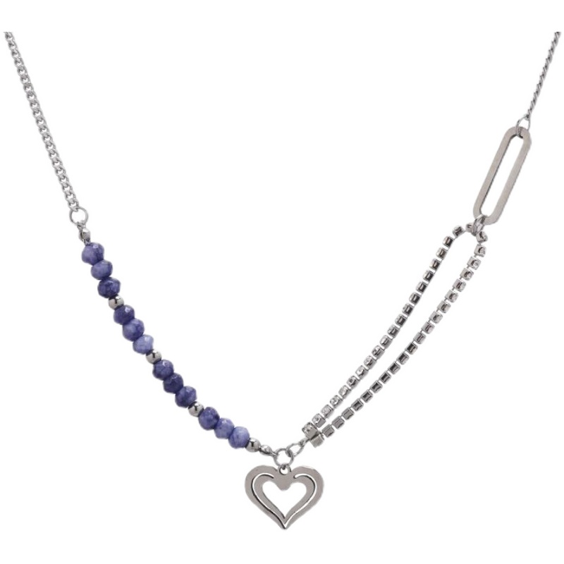 Light Luxury Blue Bead Heart Pendant Half Pearl Half Chain Necklace-BilngRunway