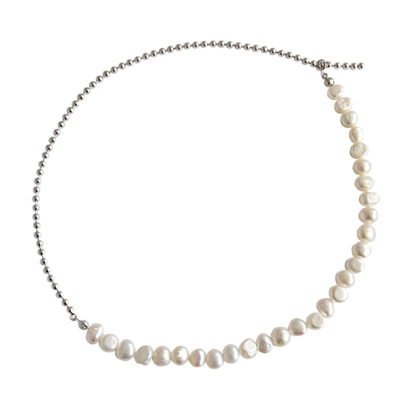 Half Pearl Half Sterling Silver Necklace-BilngRunway