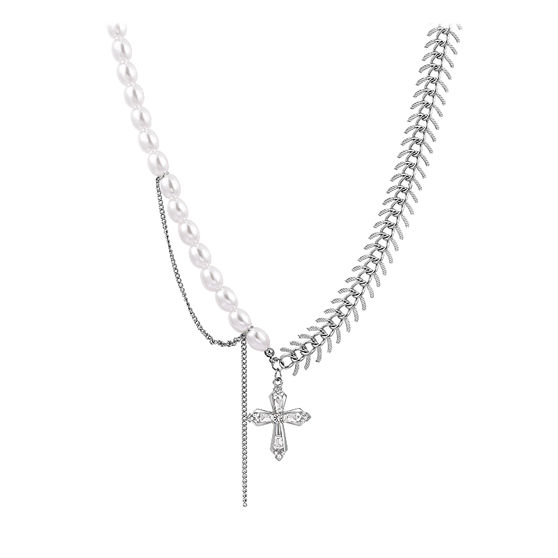 Cross Pendant Stitching Fishbone Chain Half Pearl Half Chain Necklace