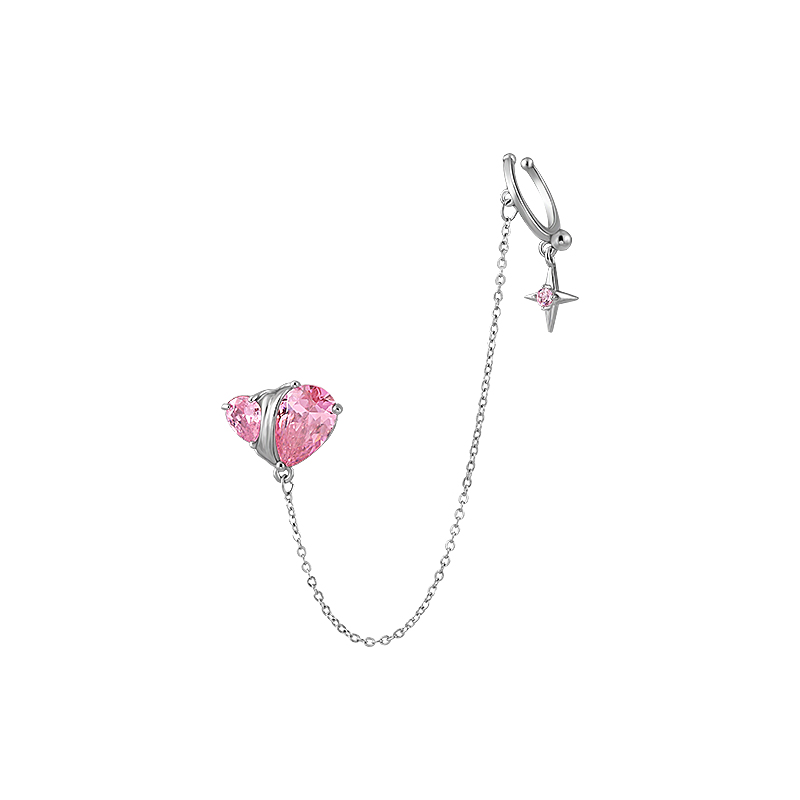 Bling Runway Pink Zircon Heart Tassel Trend Stud Earrings Combination Ear Clip-BilngRunway