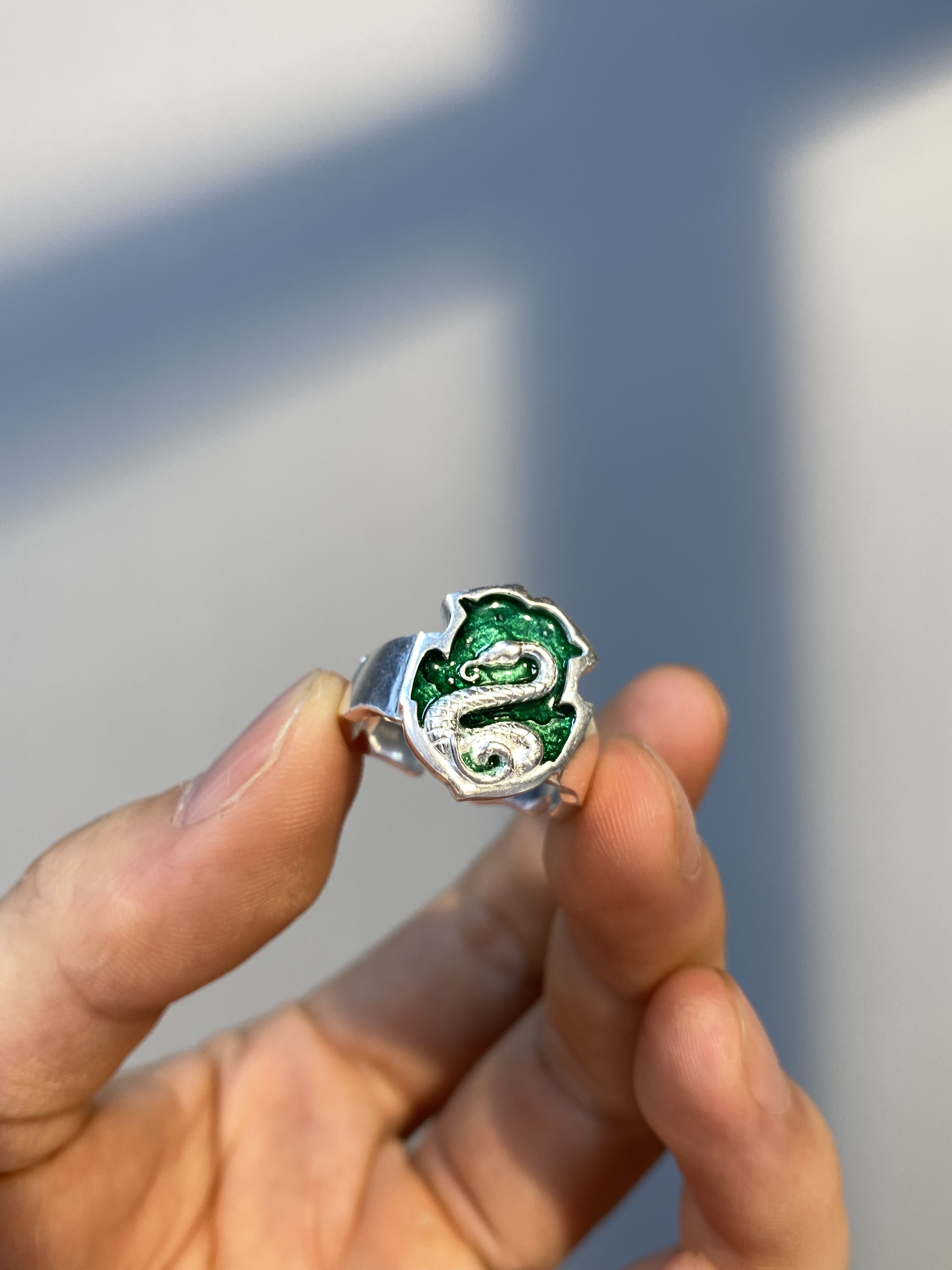 Slytherin Green Hot Enamel Handmade Seal 999 Sterling Silver Ring-BlingRunway
