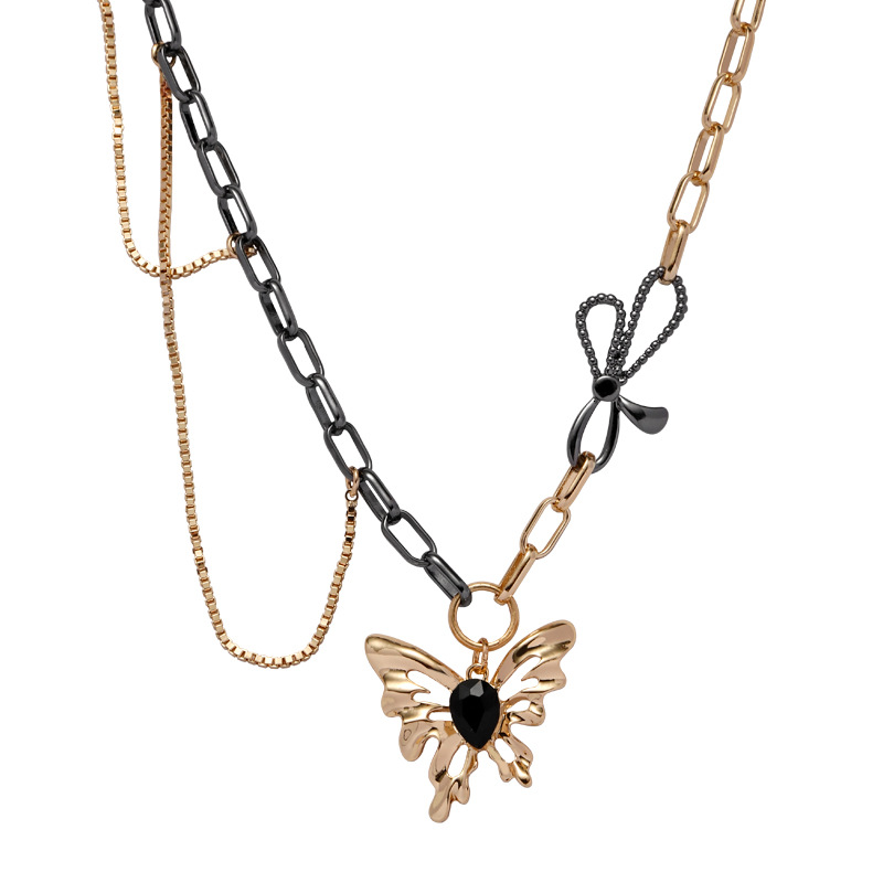Butterfly Collection Black Gold Openwork Tassel Butterfly Necklace-BilngRunway
