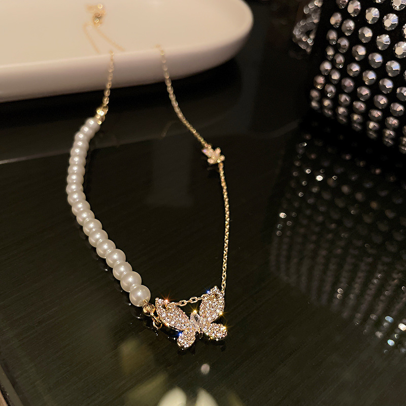 Half Pearl Half Chain Butterfly Necklace-BlingRunway