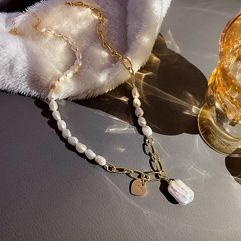 Baroque Pearl Pendant Half Pearl Half Chain Necklace-BilngRunway