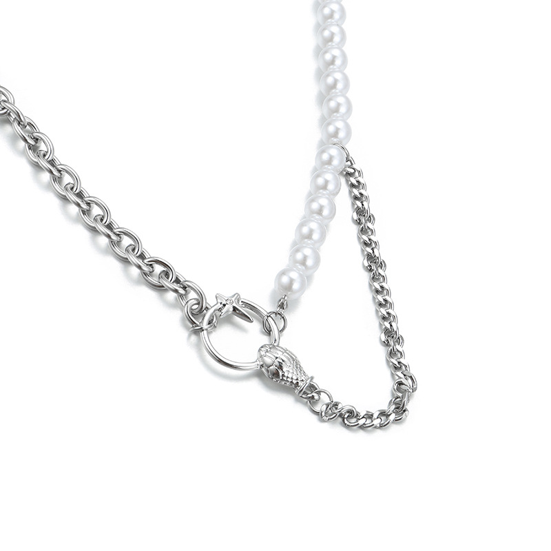 Snake Head Pendant Half Pearl Half Chain Necklace