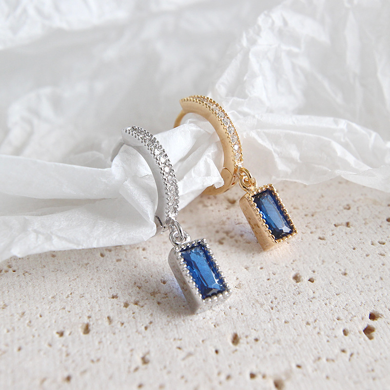 Bling Runway Sterling silver earrings with diamonds and blue zircon square earrings Fashion trend earrings-BilngRunway