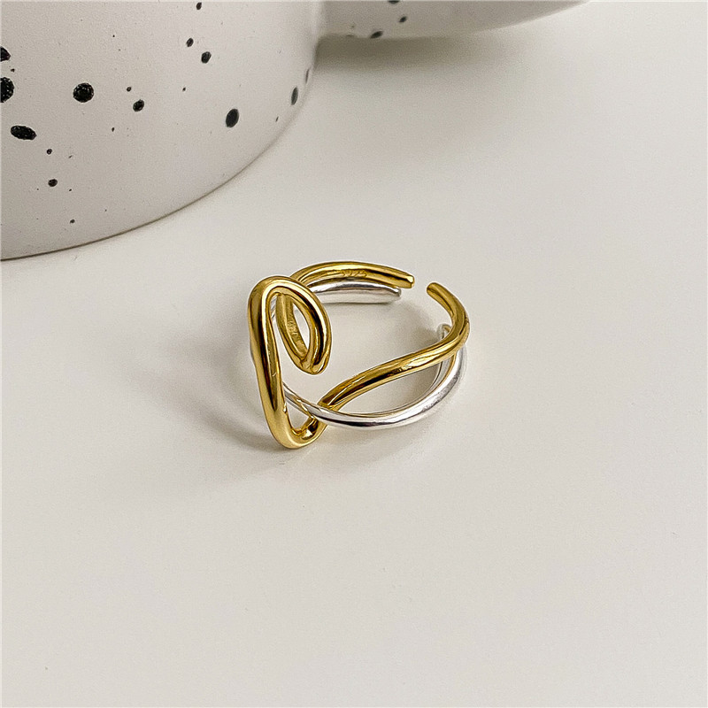 "Geometry Wrapped Gold and Silver Colorblock" 925 Sterling Silver Set Ring-BilngRunway