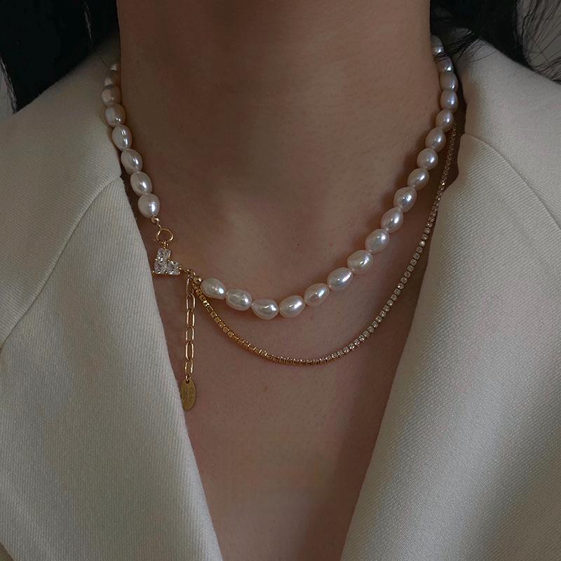 Bling Runway Handmade full Zircon chain necklace baroque pearl necklace trend-BilngRunway