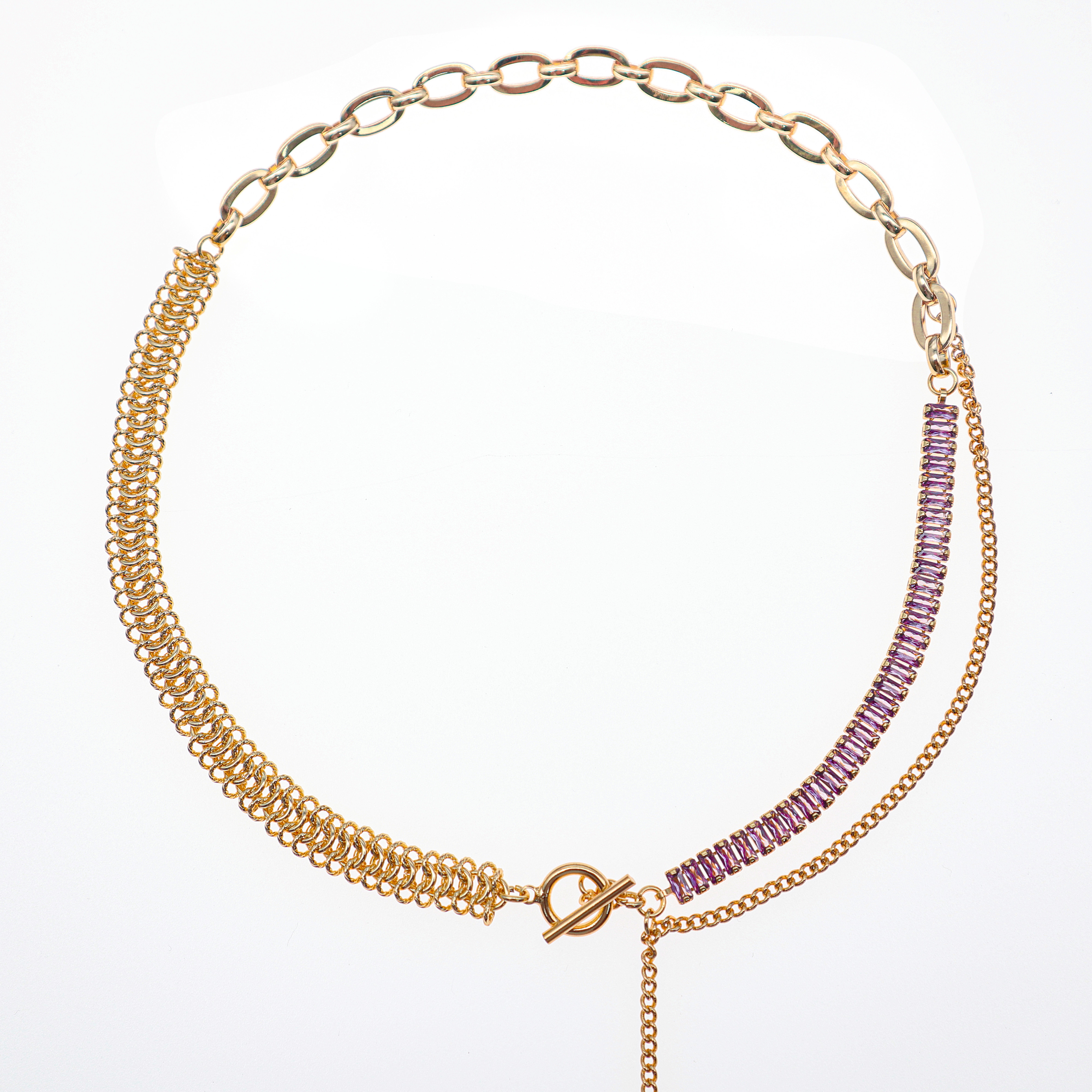 Bling Runway Purple zircon double tassel stitching OT buckle gold necklace-BlingRunway