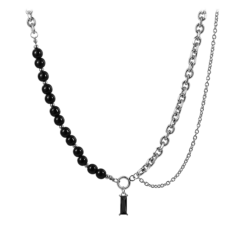 Black Asymmetric Zircon Pendant Half Pearl Half Chain Necklace-BilngRunway
