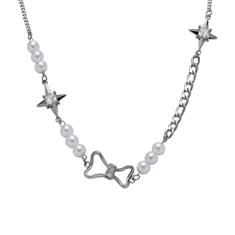 Bow Four Pointed Star Beaded Necklace-BilngRunway