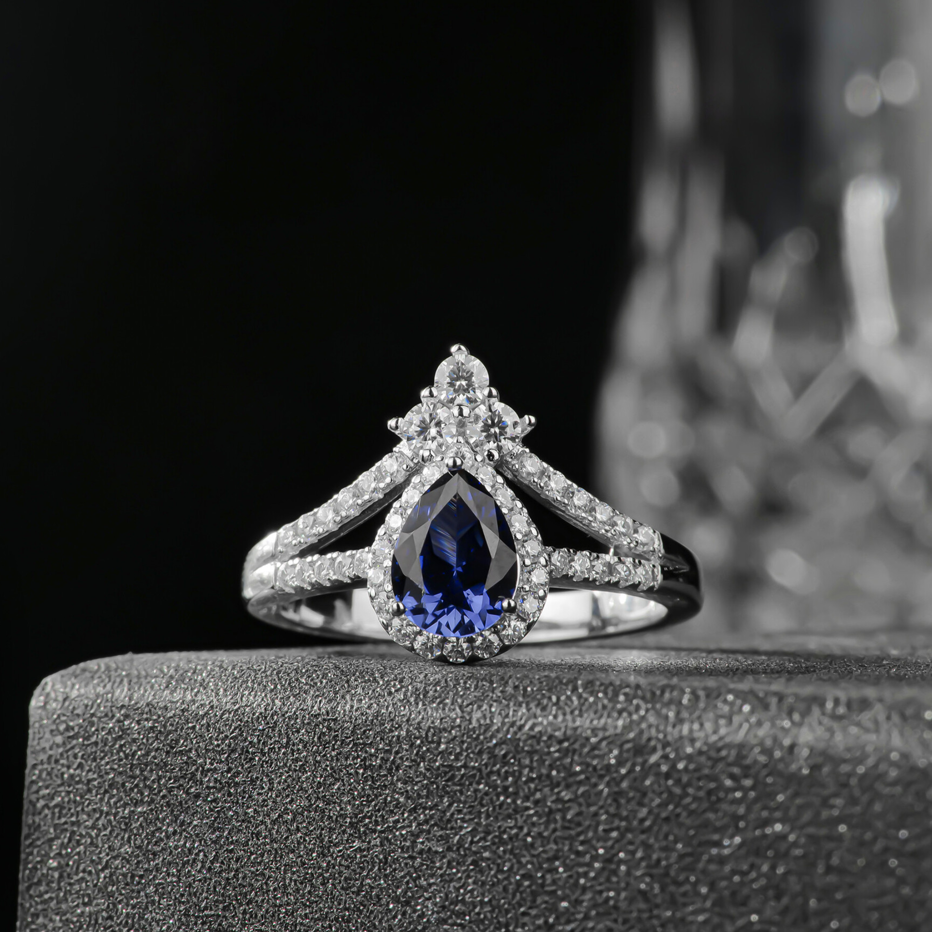 Crown Series S925 Sterling Silver Drop-shaped Ring With Surrounding Gemstones-BlingRunway