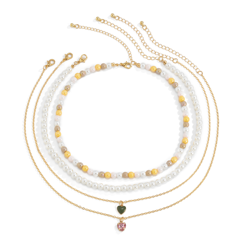 Bling Runway Oil Drop Zircon Heart Pendant Colorful Beaded Layered Necklace Set-BilngRunway