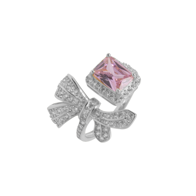 Light luxury bow pink zircon handmade silver ring-BilngRunway