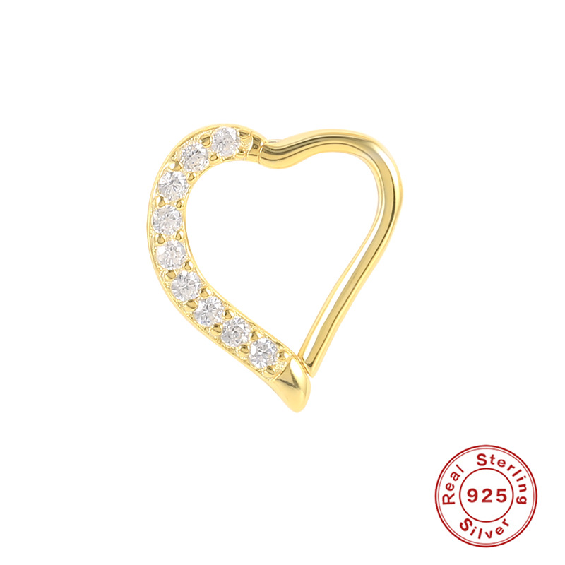 Heart Set Broken Zircon S925 Sterling Silver Gold Plated Nose Ring-BlingRunway