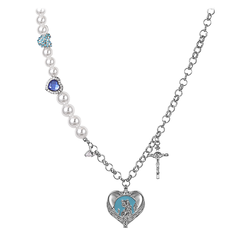 Madonna Graphic Heart Pendant Half Pearl Half Chain Necklace-BlingRunway